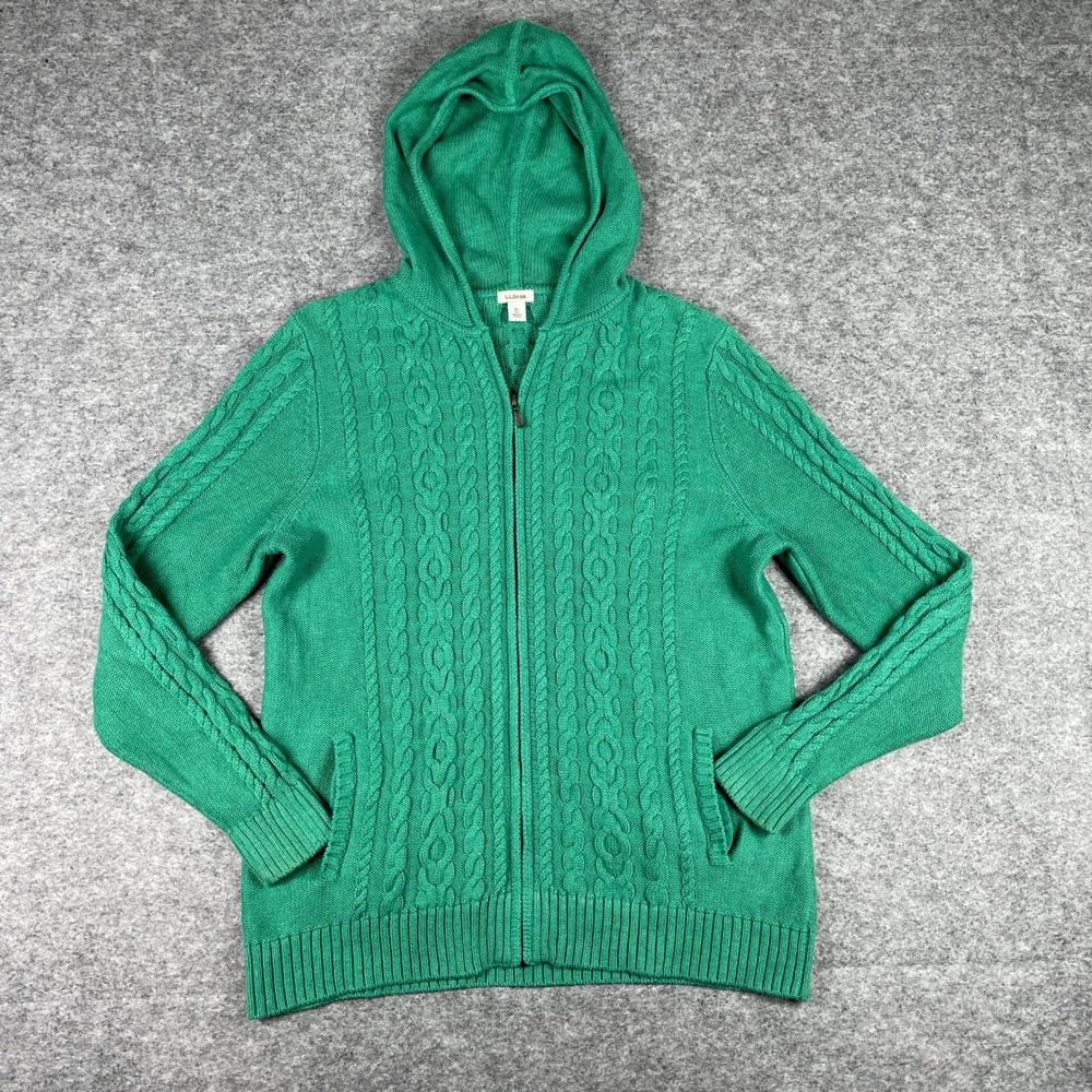 LL Bean Hoodie Sweater Womens XL Green Full Zip Cable Knit Cotton Jacket